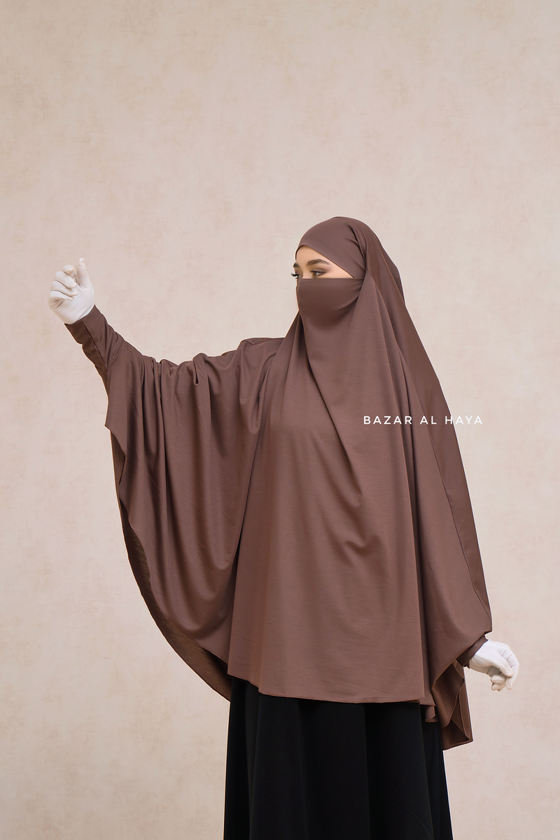 Coffee Cotton Abida Khimar With Sleeves - Soft Cotton