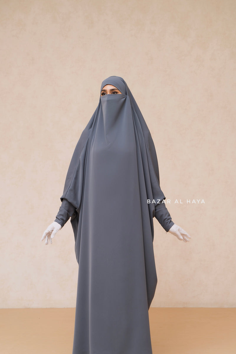 Sarah One Piece Steel Grey Jilbab - Zipper Sleeves - Silk Crepe