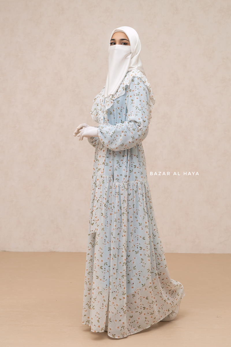 Surayya Light Blue Chiffon Abaya Dress With Floral Print - Ruffled Design