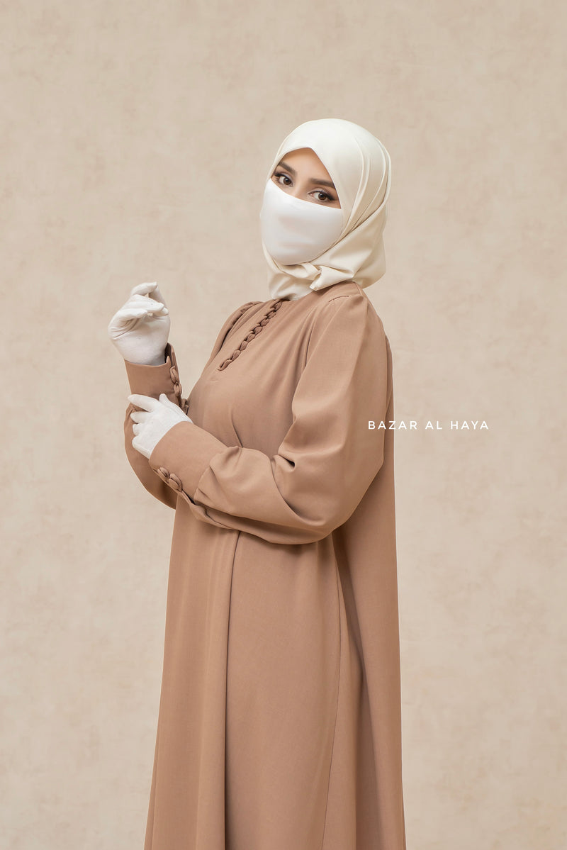 Rania Sepia Tan Abaya Dress Half-Placket Button Front & Sleeve - Mediumweight Soft Crepe Cotton