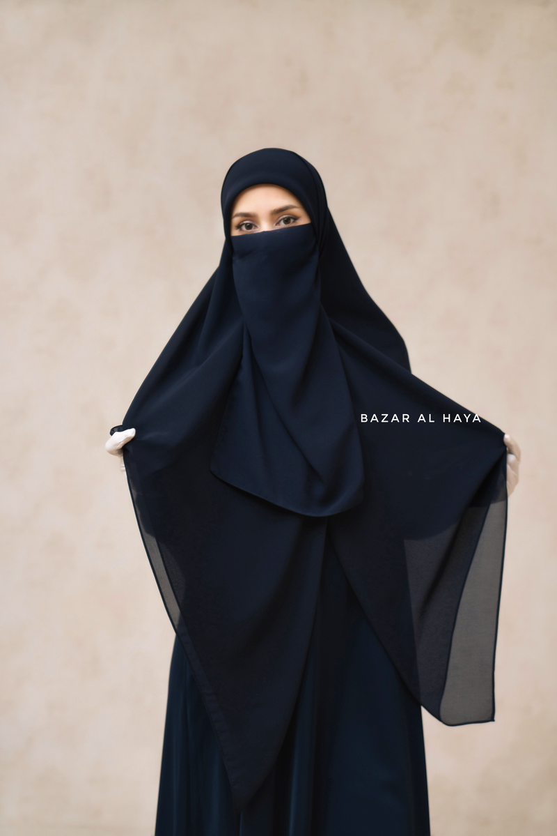 Dark Blue Square Scarf With Half Niqab Set - Super Breathable - Quality