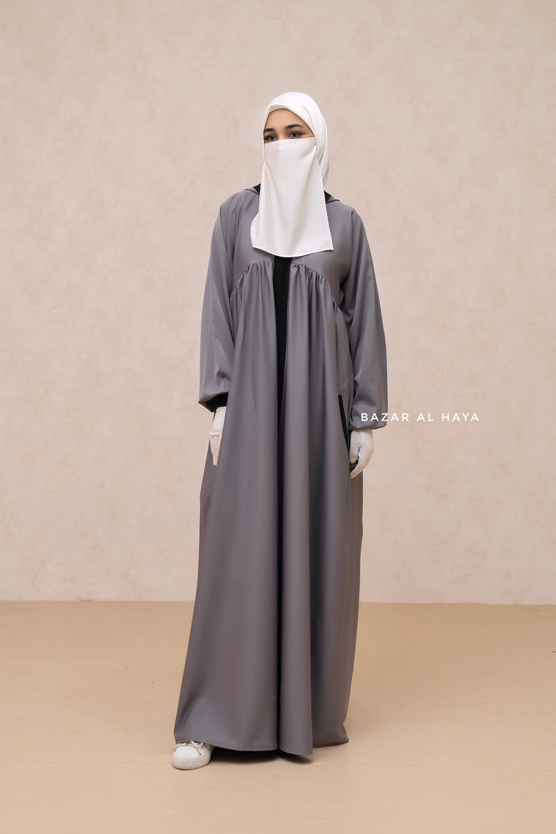 Kalina Grey Hooded Silk Crepe Abaya Dress With Pockets - Mediumweight