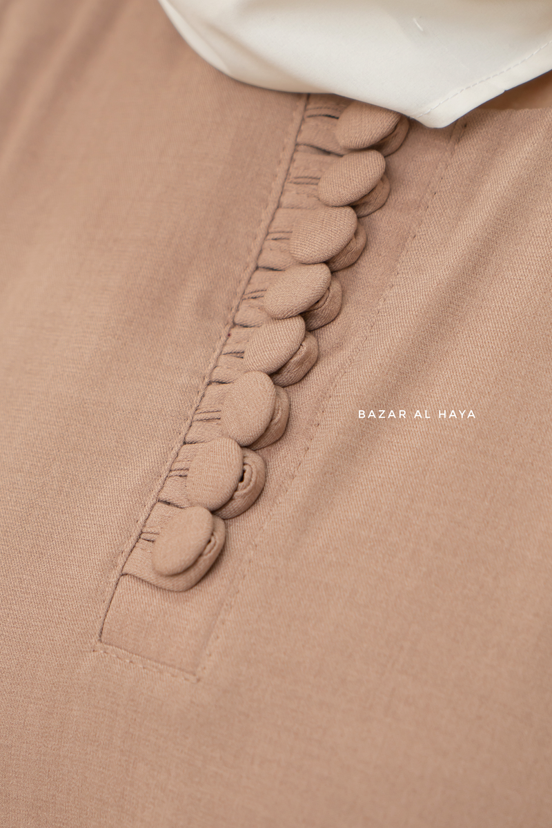 Rania Sepia Tan Abaya Dress Half-Placket Button Front & Sleeve - Mediumweight Soft Crepe Cotton