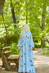 Baby Blue Muna Loose Fit Summer Abaya Dress - Viscose Cotton & Daisy Flower Print