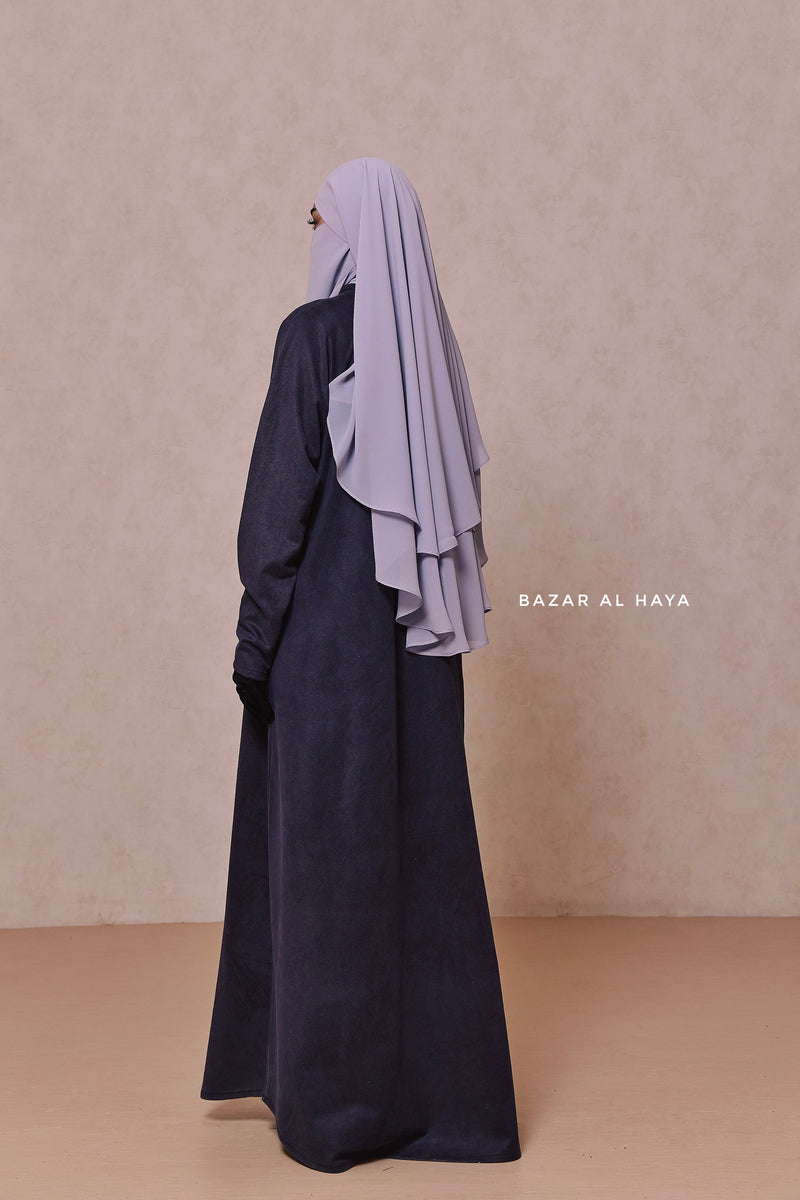 Naval Yamina Front & Sleeve Zipper Abaya Dress With Side Pockets - Textured Suede