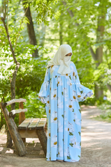 Baby Blue Muna Loose Fit Summer Abaya Dress - Viscose Cotton & Daisy Flower Print