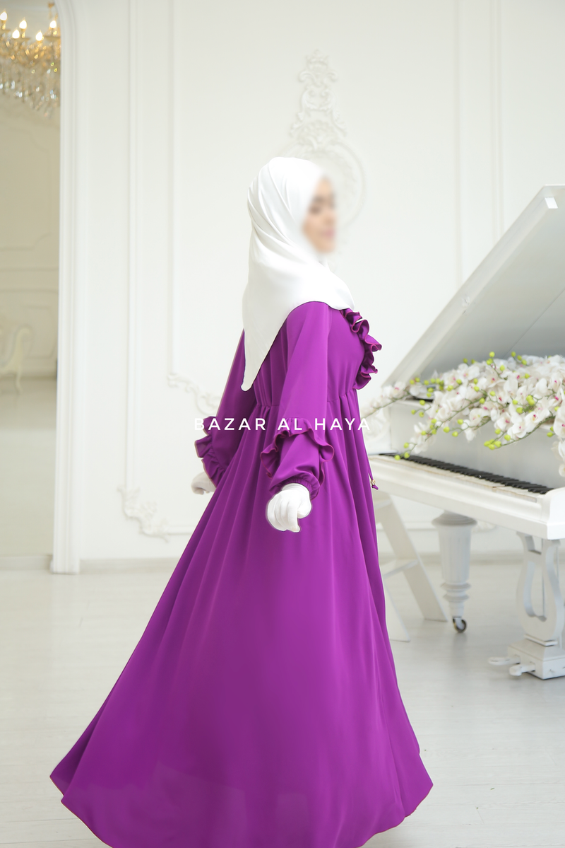 Bright Purple Afsah 3-D Ruffle Embroidery Lightweight Summer Spring Abaya Dress - Soft Breathable Crepe Cotton