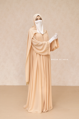 Haniya Beige Abaya Gown - Elegently Wide With Unique Decor - 3 Piece