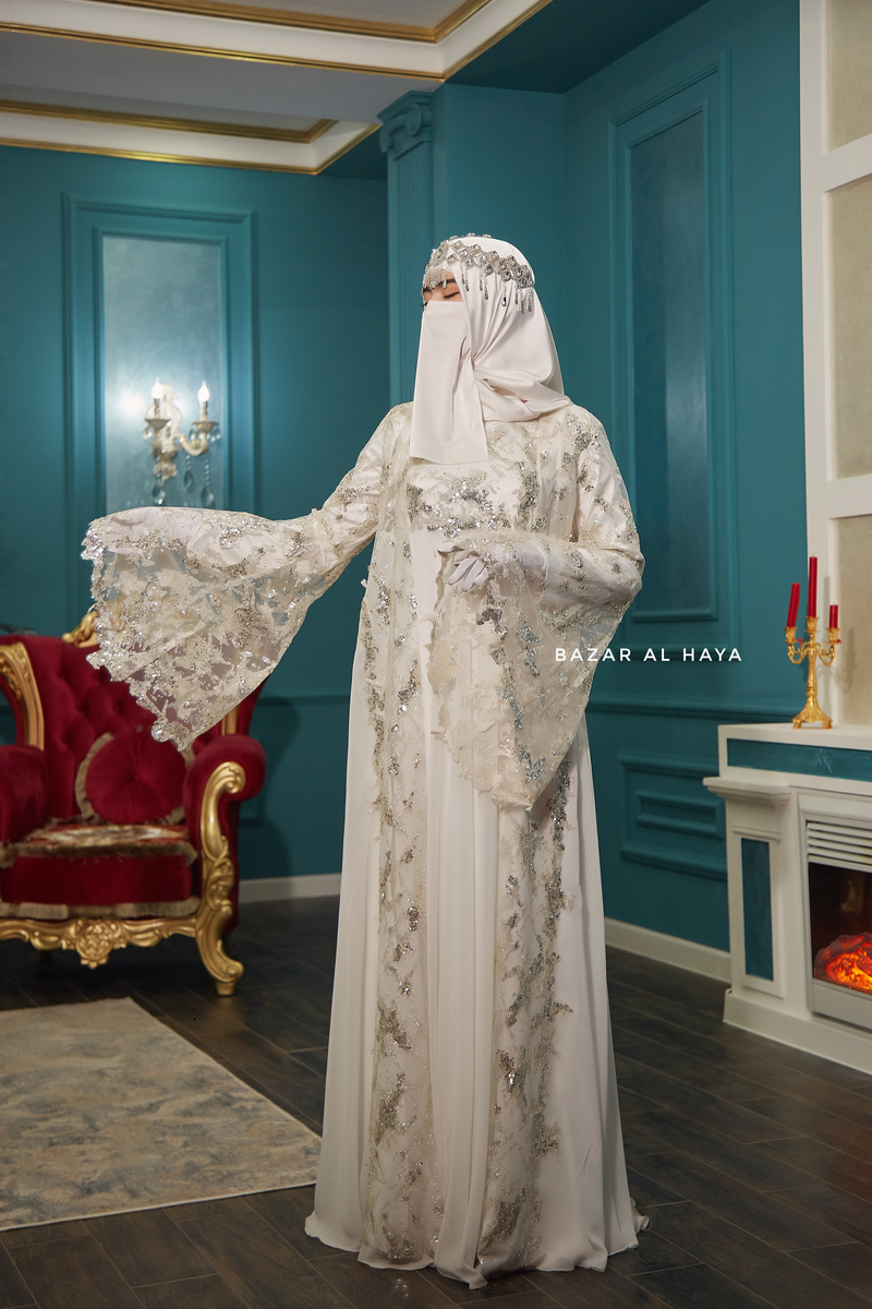 Bridal Gown Zahra Silk & Chiffon Abaya & Lace Cloak Set For Walima & Wedding & Nikkah