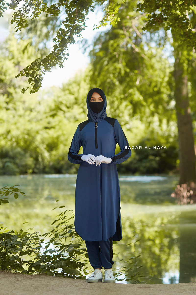 Shuruq Spruce Blue Modest Swimwear Three Piece Set With Swimdress, Khimar, & Pants - Enjoy The Comfort