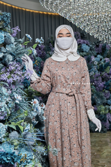 Kamila Taupe Floral Summer Abaya Dress With Belt - Breathable Quality Cotton