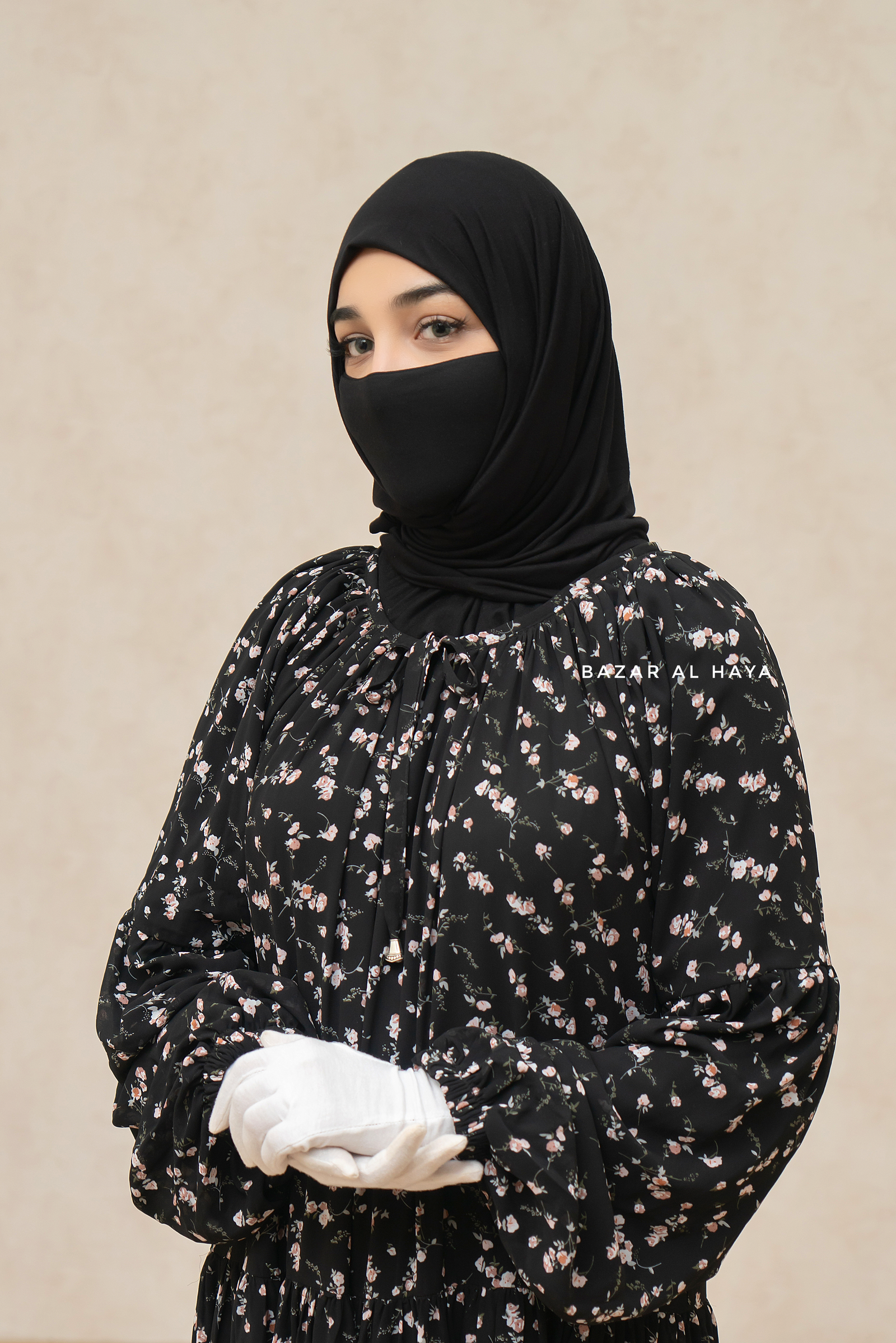 Amira Black Chiffon With Tie Neck Strings Abaya Dress - Puff Sleeves   Bazar Al Haya