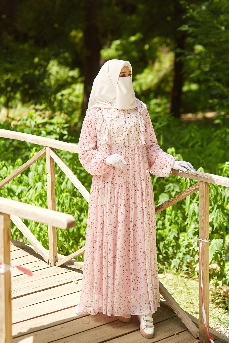 Surayya Pink Chiffon Abaya Dress With Floral Print - Ruffled Design