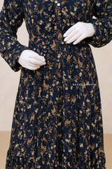 Anisa Midnight Blue Floral Chiffon Dress With Belt - Full Snap Button Front