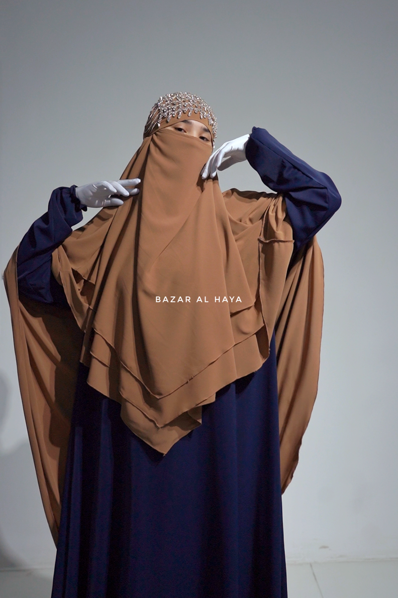 Aiza Latte Three Layered Diamond Khimar - Premium Stretch