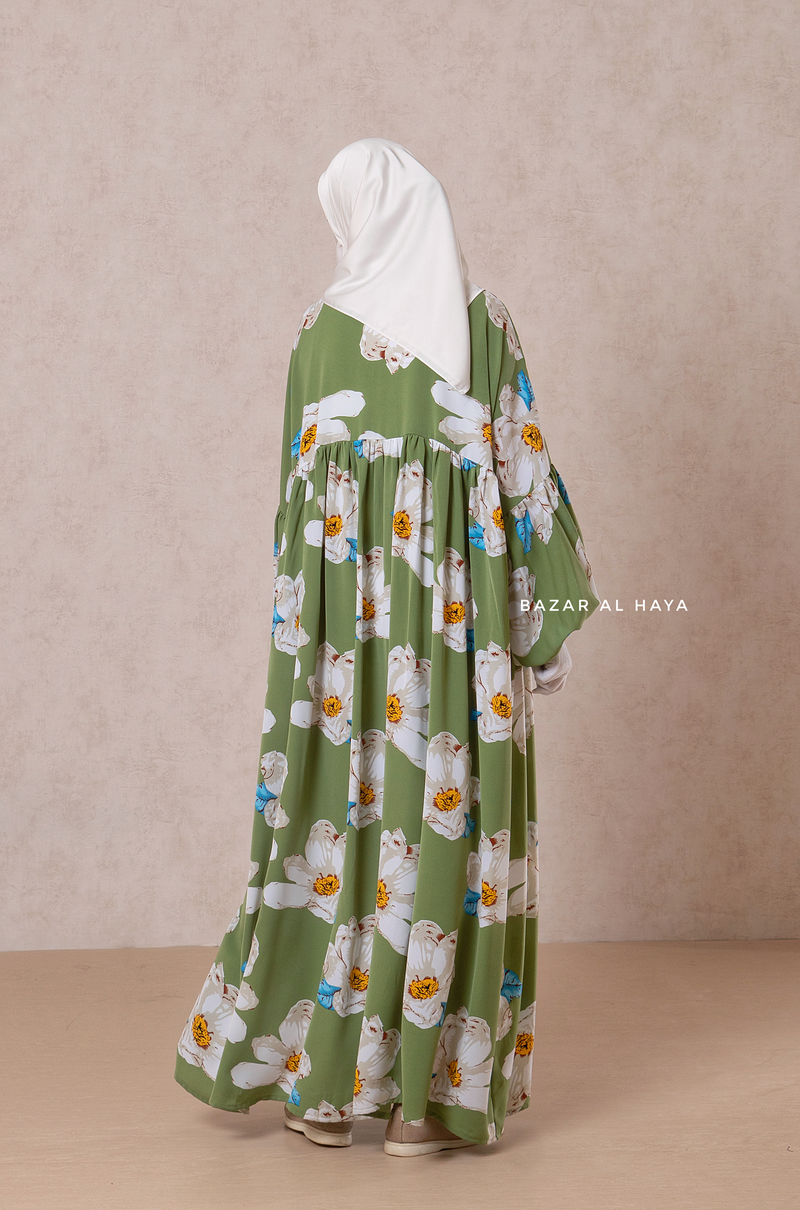 Muna Kiwi Loose Fit Summer Abaya Dress - Viscose Cotton & Daisy Flower Print