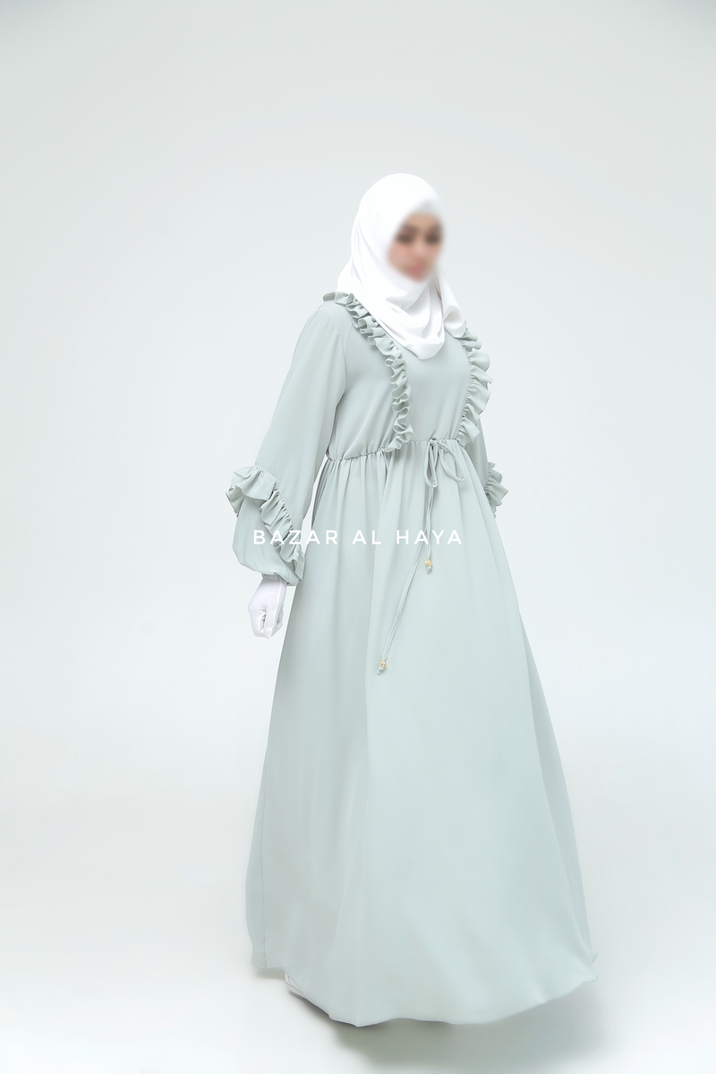 Afsah Mint Ruffle Lightweight Summer Spring Abaya Dress - Soft Breathable Crepe Cotton