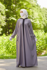 Kalina Grey Hooded Silk Crepe Abaya Dress With Pockets - Mediumweight