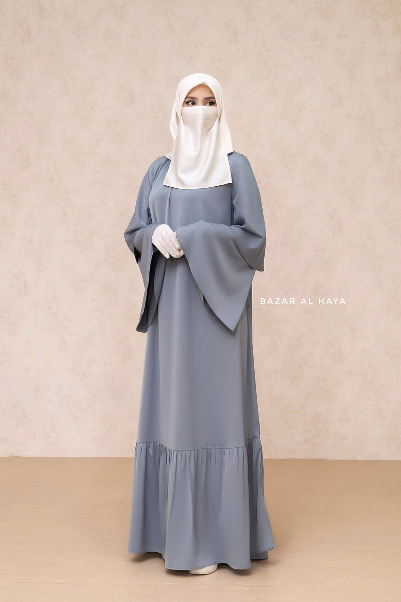 Bushra Dress - Steel Grey Layered Ruffle Sleeve Abaya - Premium Sultansha