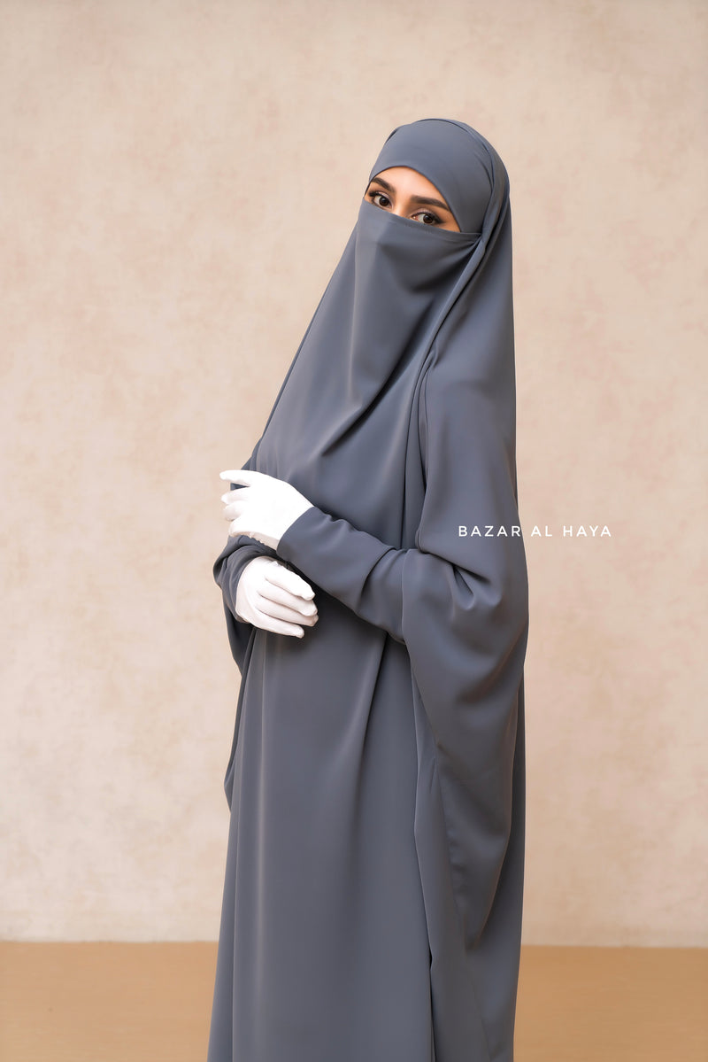 Sarah One Piece Steel Grey Jilbab - Zipper Sleeves - Silk Crepe