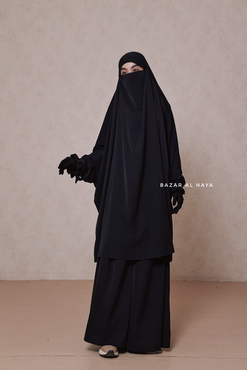 Black Jahida Two Piece Jilbab With Loose Pants Set - Skirt-Style Shalwar