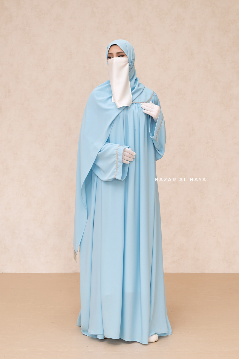 Haniya Sky Blue Abaya Gown - Elegently Wide With Unique Decor - 3 Piece