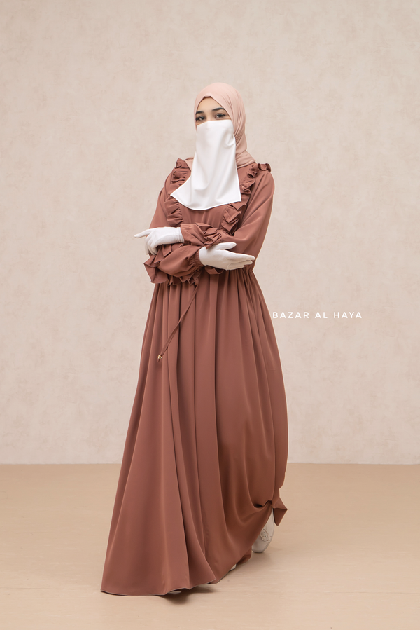 Afsah Cappuccino Ruffle Lightweight Summer Spring Abaya Dress - Soft Breathable Crepe Cotton