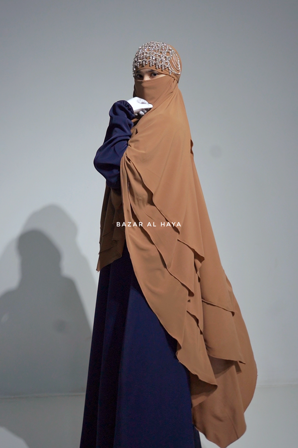 Aiza Latte Three Layered Diamond Khimar - Premium Stretch