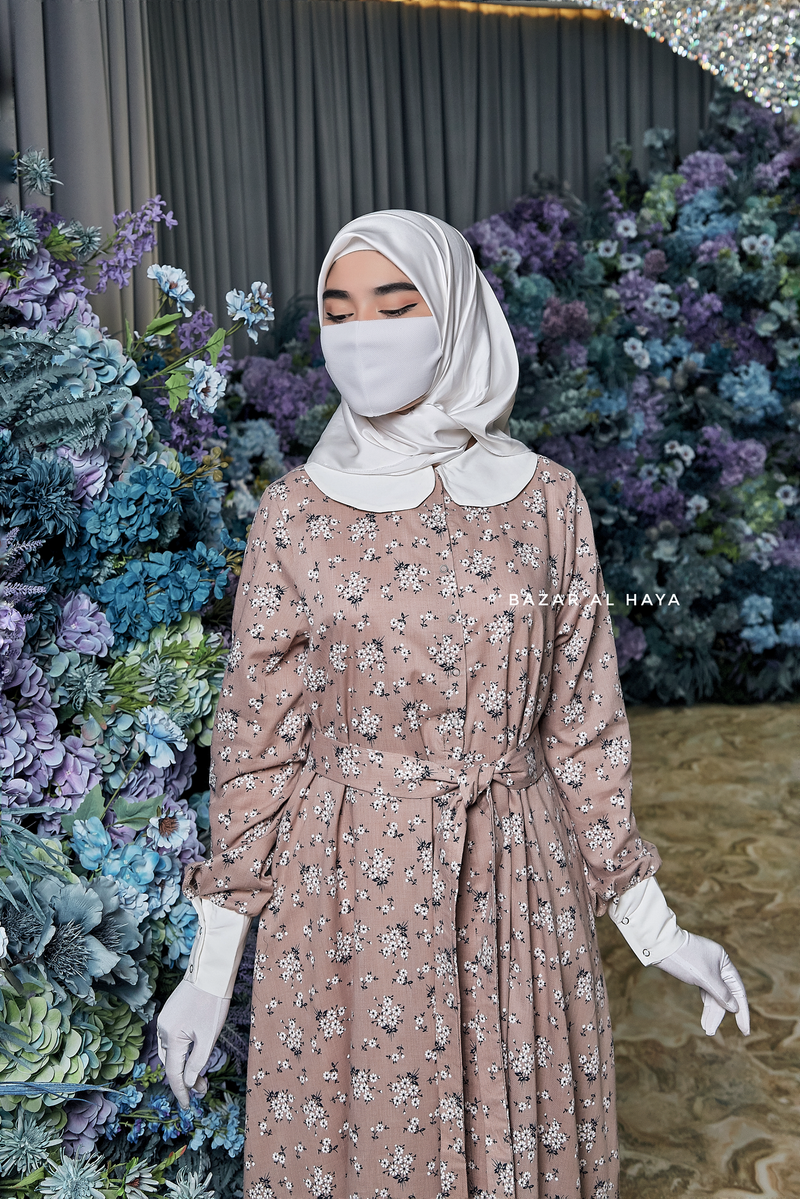 Kamila Taupe Floral Summer Abaya Dress With Belt - Breathable Quality Cotton