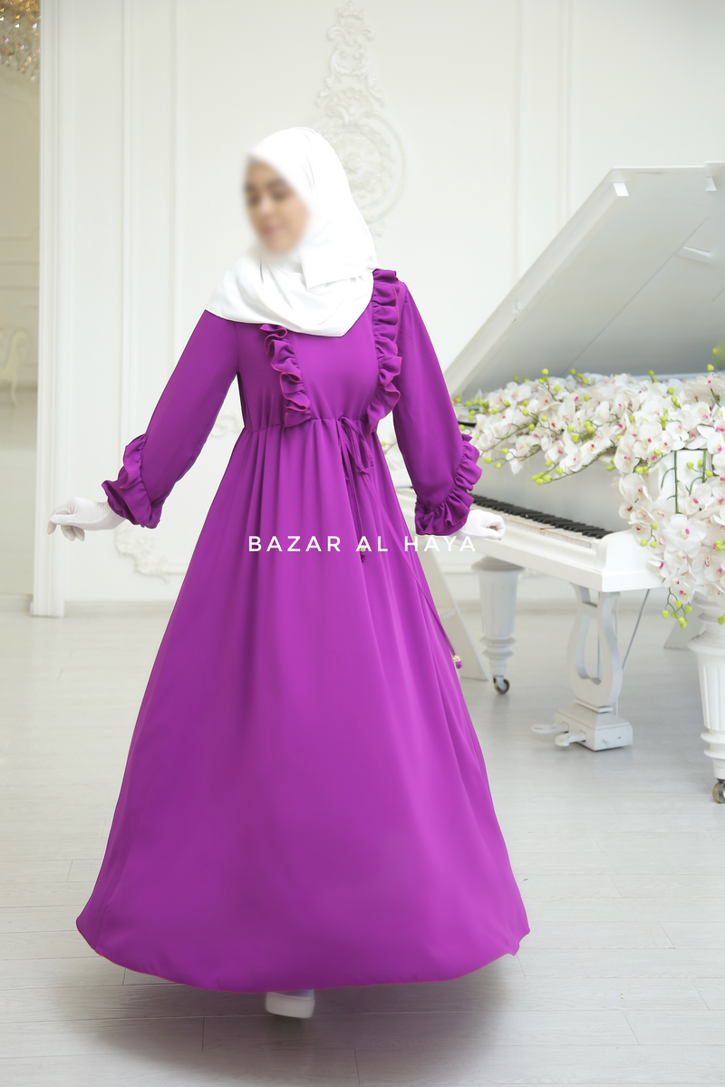 Bright Purple Afsah 3 D Ruffle Embroidery Lightweight Summer Spring Abaya Dress Soft Breathable Crepe Cotton