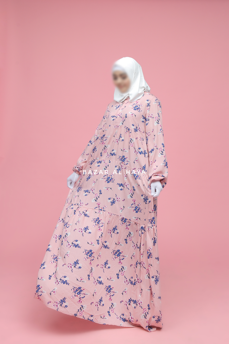 Sadia Pink Floral Abaya Dress 100% Cotton Summer Tiered Style With Front Zipper