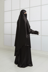 Black Latifa Two Piece Satin Jilbab With Skirt - Long & Loose