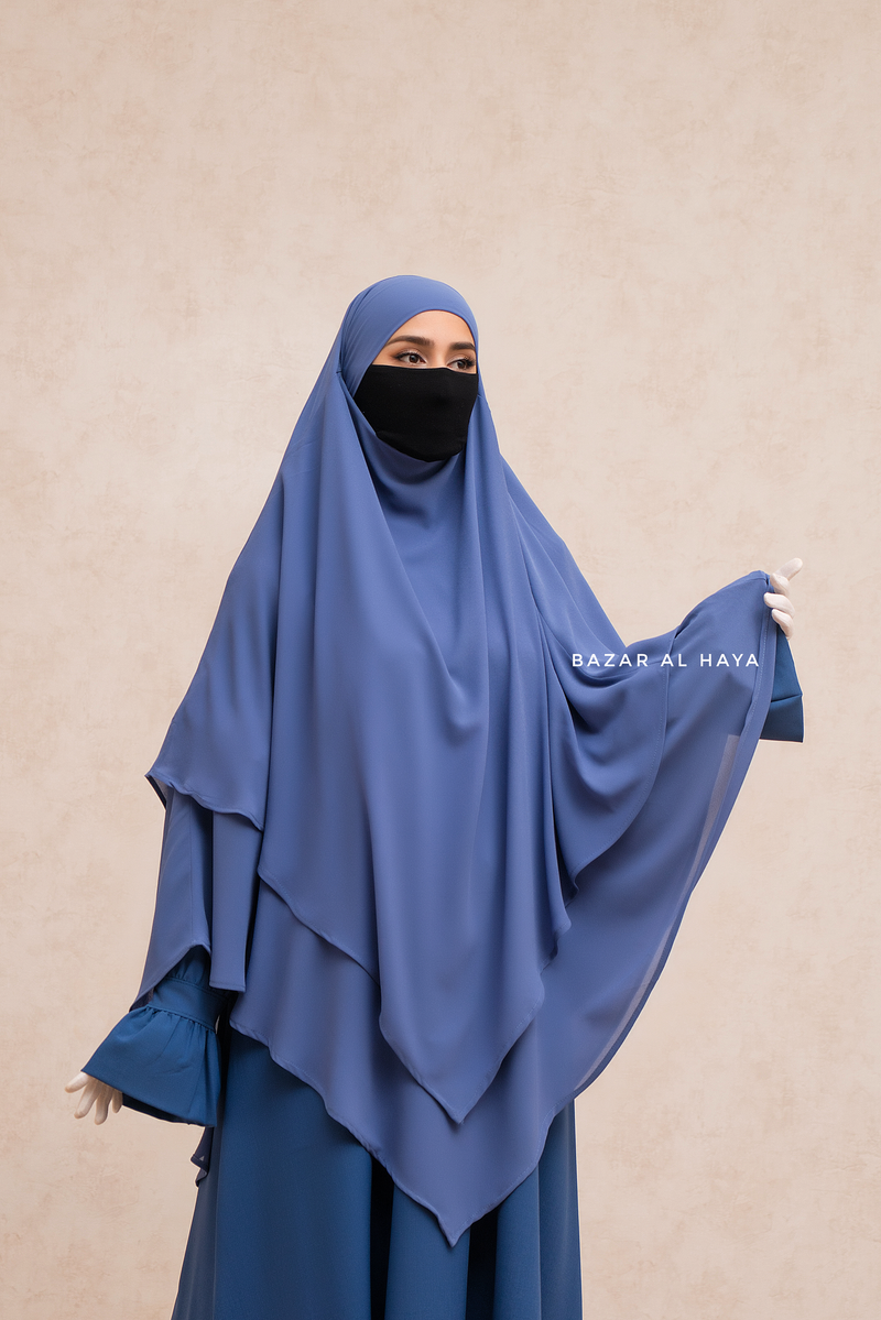 Slate Blue Pari Two Layered Maxi Diamond Khimar - Crepe Chiffon