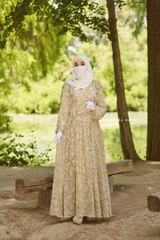 Surayya Almond Chiffon Abaya Dress With Floral Print - Ruffled Design