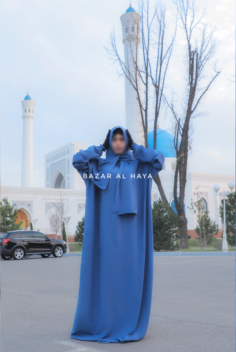 Prayer / Salah Dress One Piece Jilbab Blue 100% Cotton - Super Breathable Comfy Style