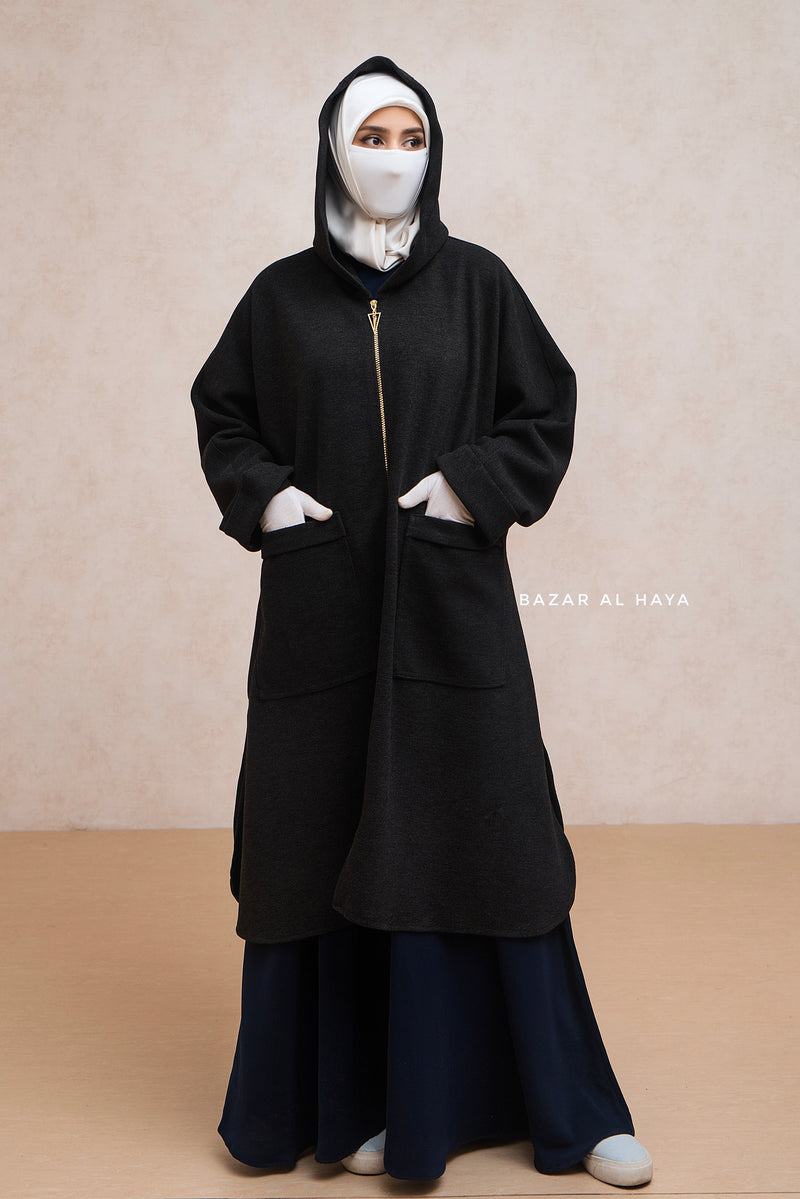 Black Kinza Warm Hooded Poncho Overcoat - Comfy Oversized- Premium Wool