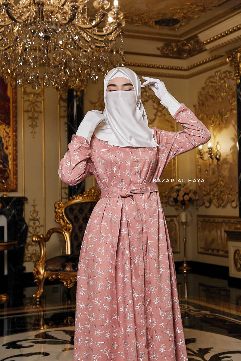 Kamila Salmon Pink Floral Summer Abaya Dress With Belt - Breathable Quality Cotton