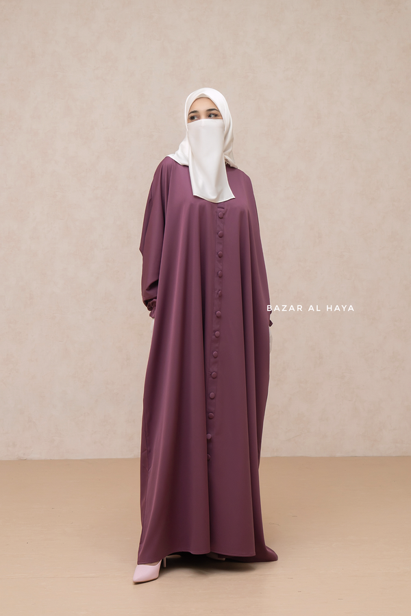 Mauve Safa Loose - Fit Abaya With Button Front - Silk Crepe