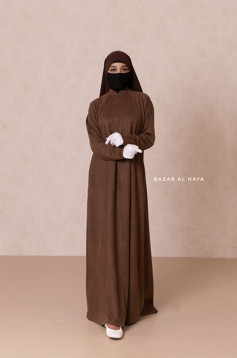 Chocolate Yamina Front & Sleeve Zipper Abaya Dress With Side Pockets - Textured Suede