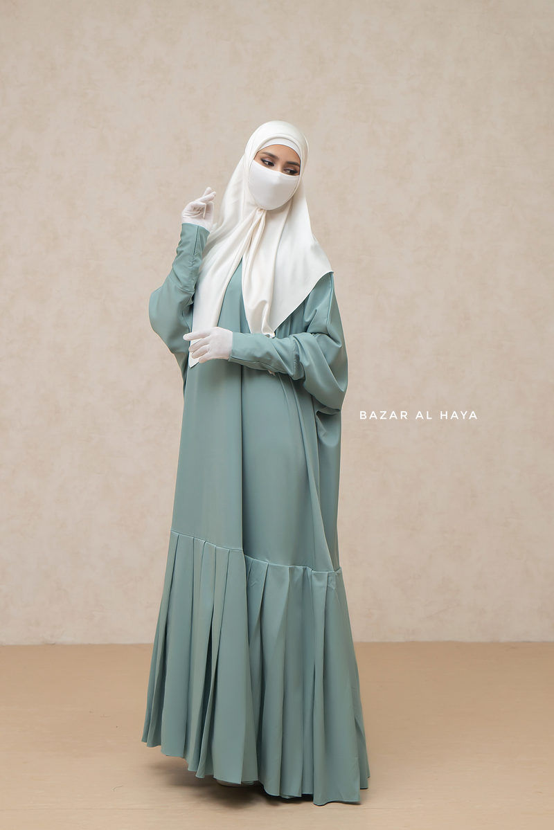 Badra Mint Butterfly Abaya With Flair Bottom & Zipper Sleeves - Silk Crepe