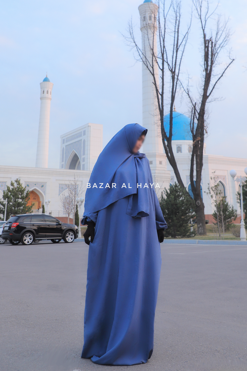 Prayer / Salah Dress One Piece Jilbab Blue 100% Cotton - Super Breathable Comfy Style