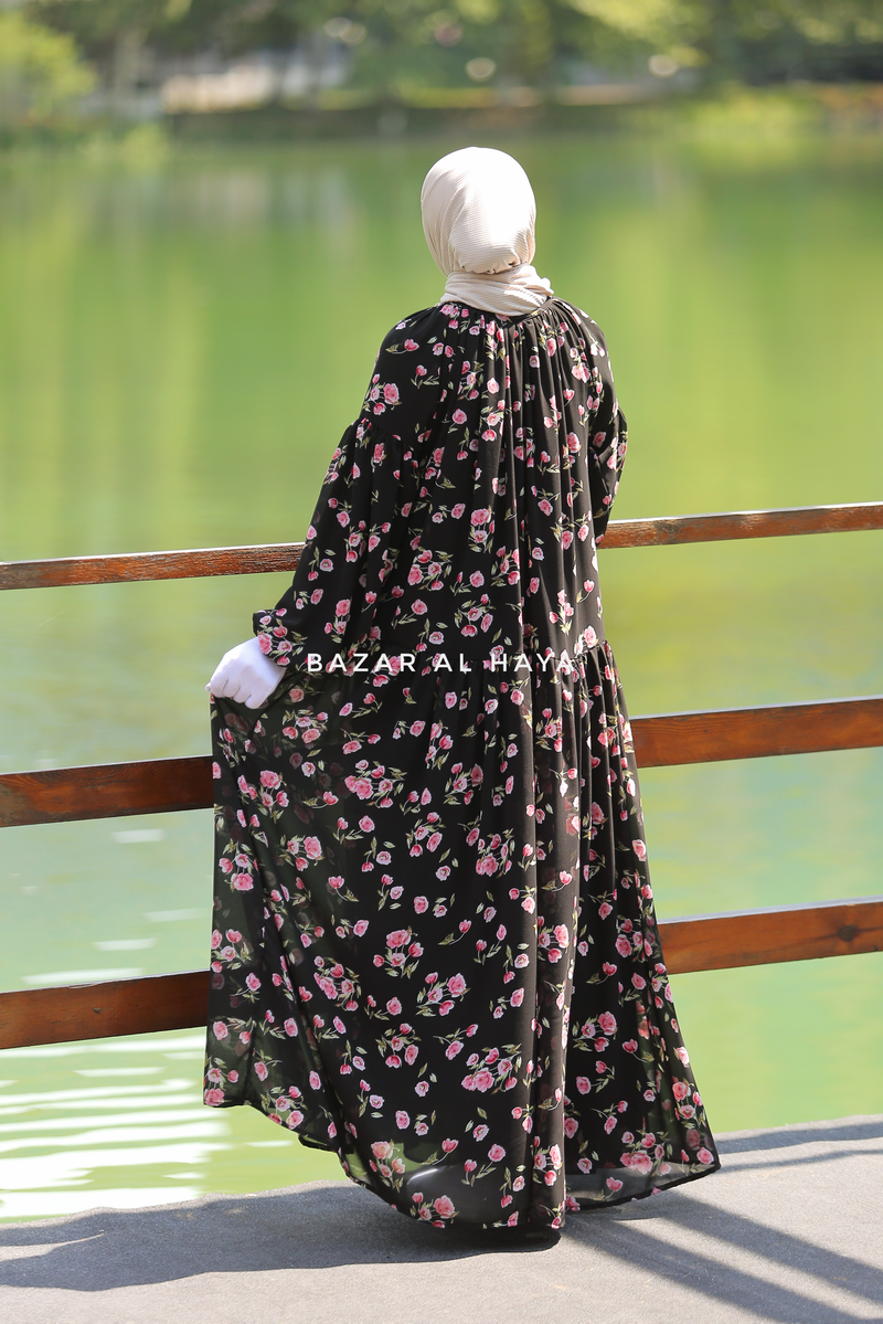 Amira Black Chiffon With Tie Neck Strings Abaya Dress - Puff Sleeves XXL Amira Black Chiffon With Tie Neck Strings Abaya Dress - Puff Sleeves XXL