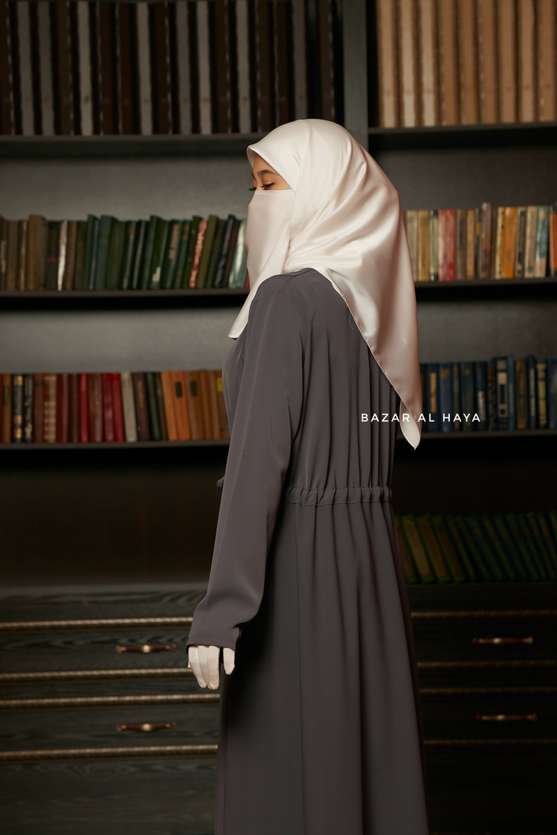 Salam 3 Steel Grey Belted Abaya Dress - Front Zipper & Zipper Sleeves - Nida