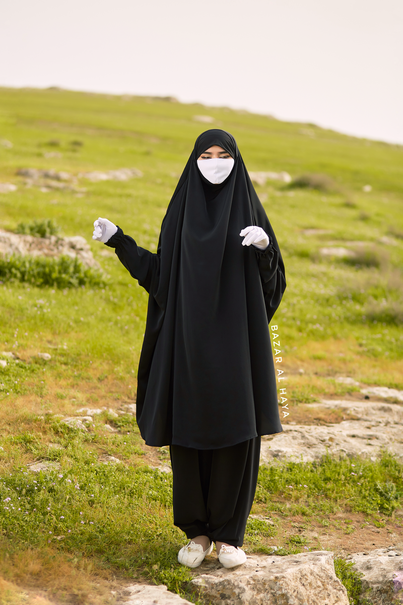 Black Hafsa Two Piece Jilbab With Harem Pants - Athletic Shalwar