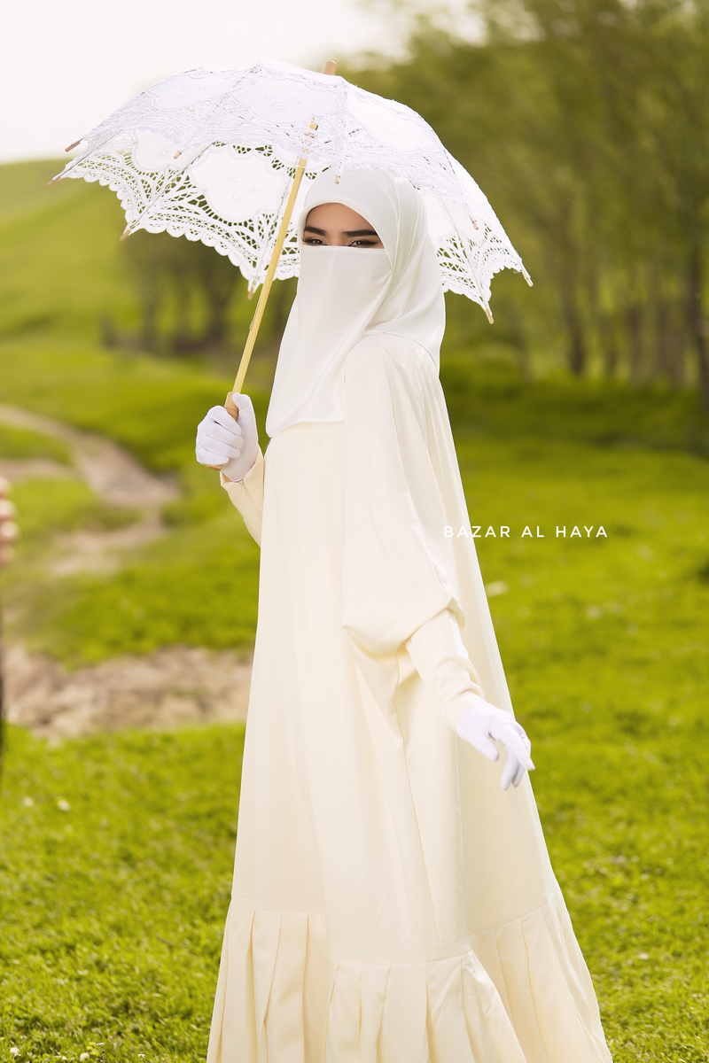 Badra Ivory Butterfly Abaya With Flair Bottom & Zipper Sleeves - Silk Crepe