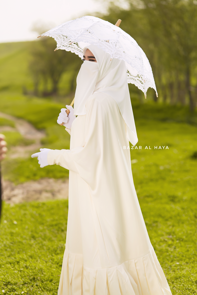 Badra Ivory Butterfly Abaya With Flair Bottom & Zipper Sleeves - Silk Crepe