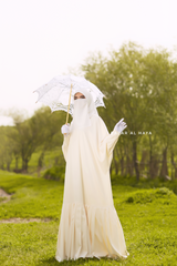 Badra Ivory Butterfly Abaya With Flair Bottom & Zipper Sleeves - Silk Crepe