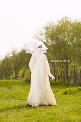 Badra Ivory Butterfly Abaya With Flair Bottom & Zipper Sleeves - Silk Crepe