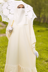 Badra Ivory Butterfly Abaya With Flair Bottom & Zipper Sleeves - Silk Crepe