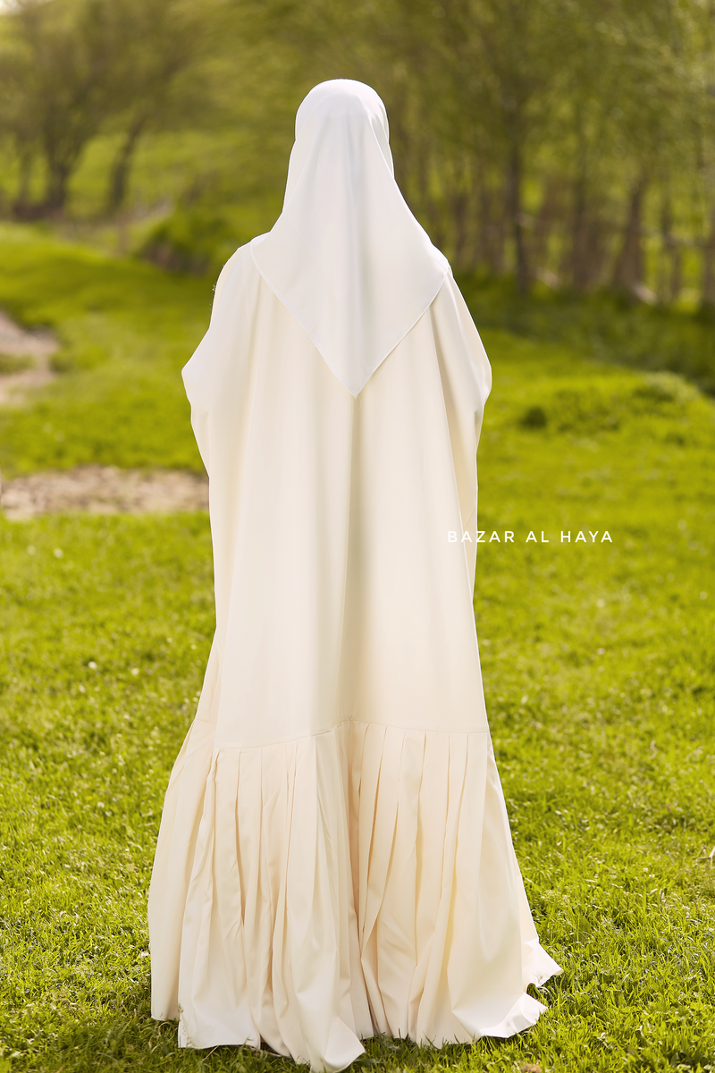 Badra Ivory Butterfly Abaya With Flair Bottom & Zipper Sleeves - Silk Crepe